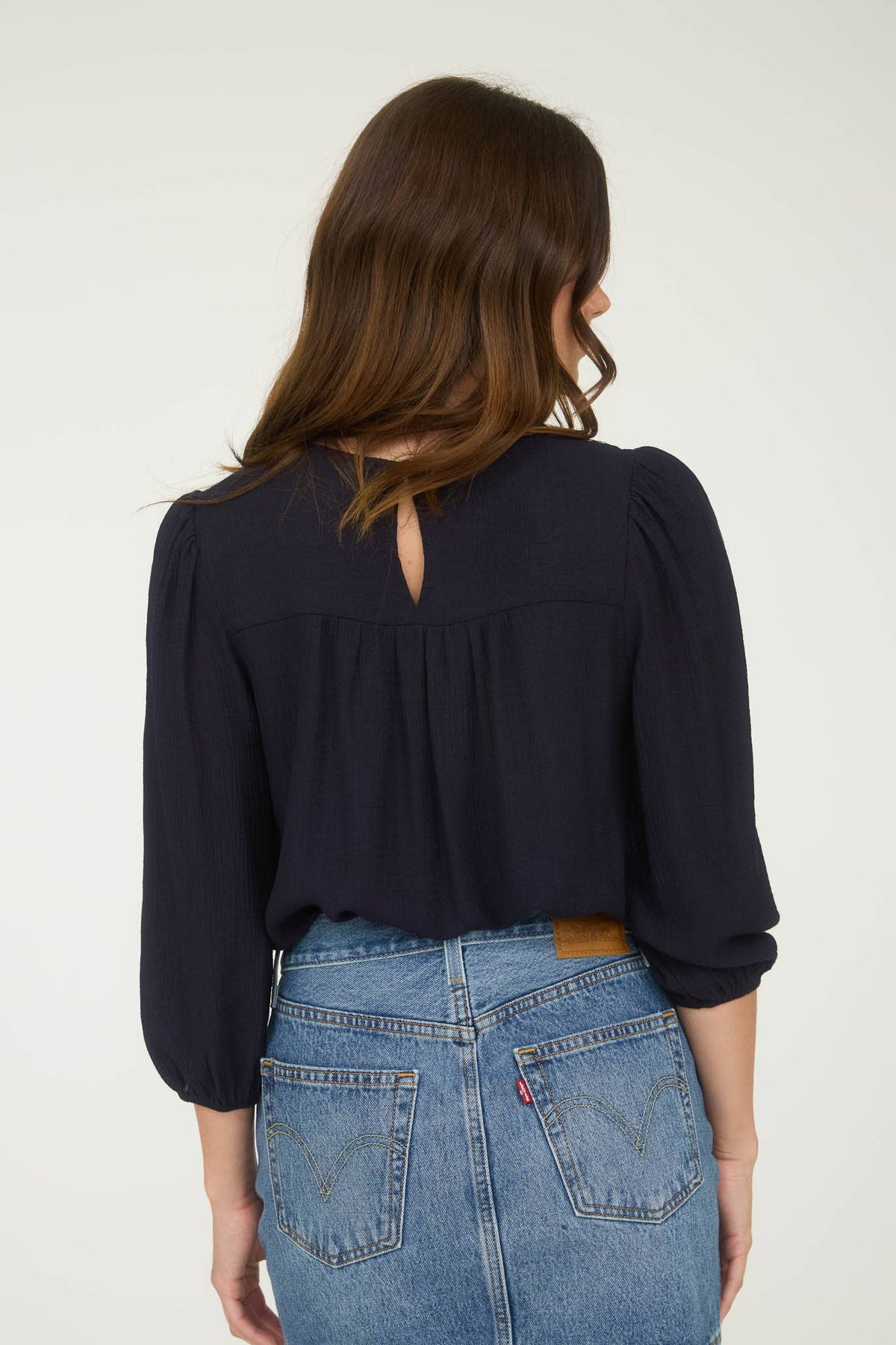The Rylie Embroidered Yoke Blouse – 3/4 Sleeve Boho Top (Navy or Taupe)