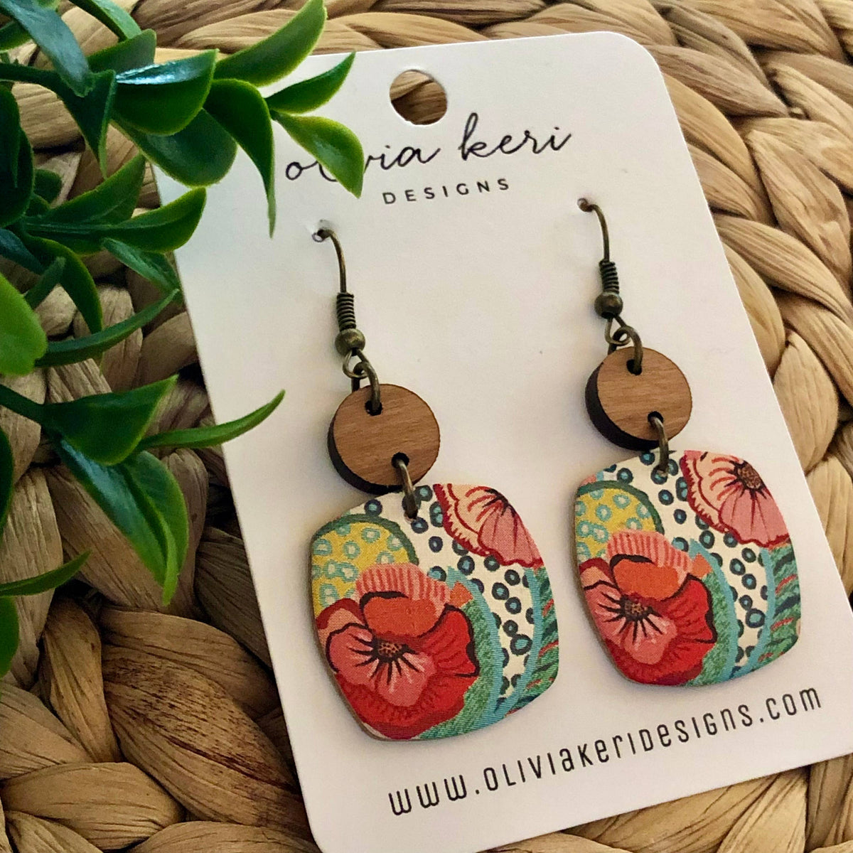 Nora Spring Fling Floral Cork Earrings – Colorful Leather Dangle Earrings with Wood Accent