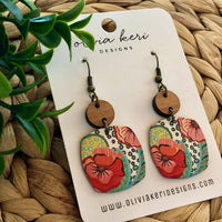 Nora Spring Fling Floral Cork Earrings – Colorful Leather Dangle Earrings with Wood Accent