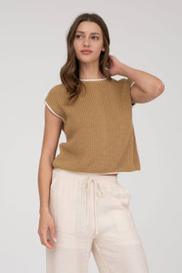 The Marlowe Contrast Trim Sweater Top – Camel Knit Short Sleeve Pullover