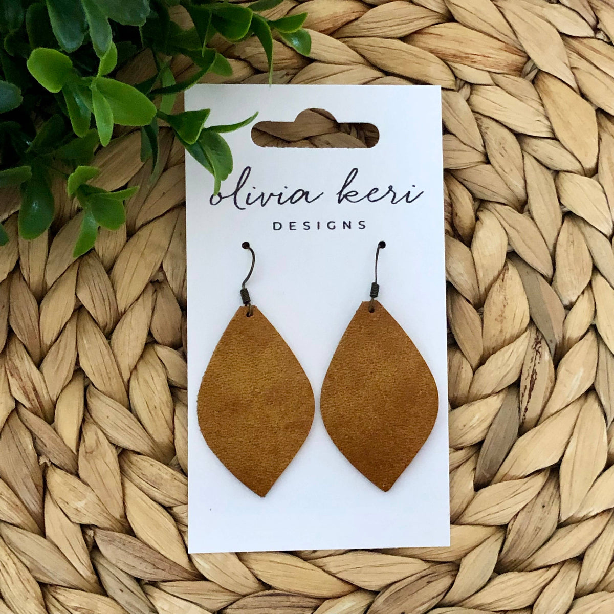 Olivia Camel Leather Drop Earrings – Lightweight Teardrop Earrings with Nickel-Free Hooks