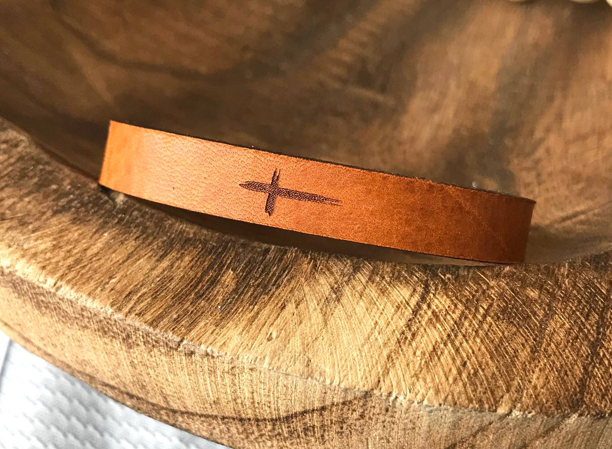 The Solace Engraved Leather Bracelet – Skinny Adjustable Cross Cuff in Full Grain Leather