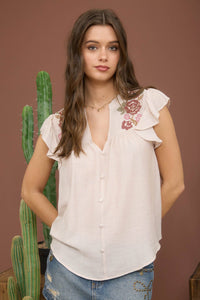 The Callie Embroidered Ruffle Sleeve Top – Black Button Front Blouse