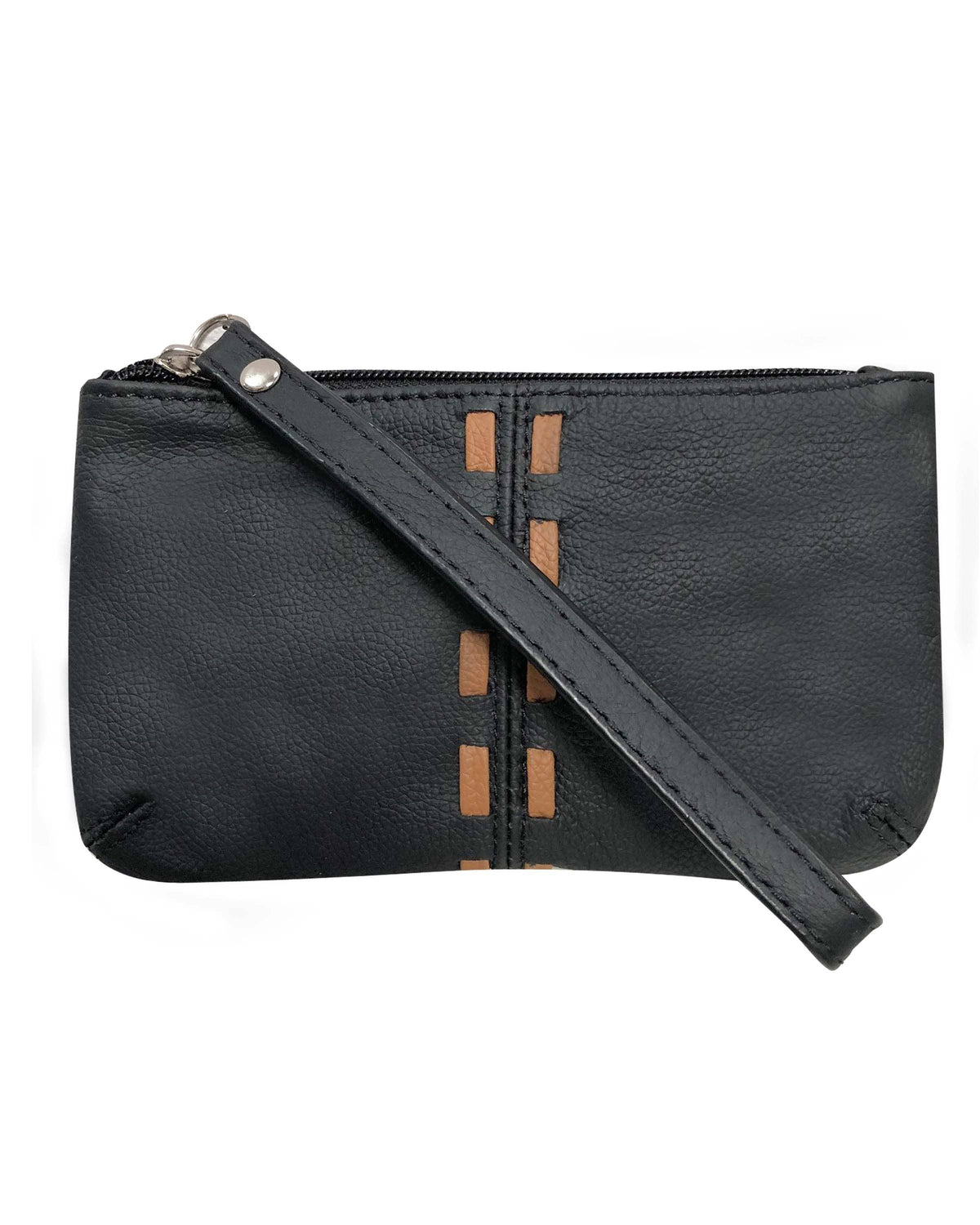 Prairie Belle Genuine Cowhide Leather Clutch Purse | Handcrafted Mini Wristlet Bag with Woven Accents & Zipper Pocket | Available in Black & Tan