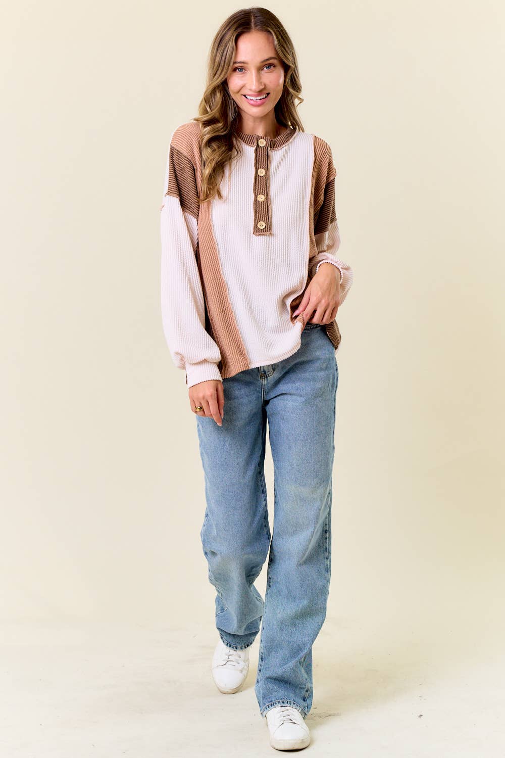 The Clara Colorblock Waffle Knit Henley – Neutral Stripe Patch Pullover