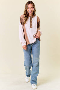 The Clara Colorblock Waffle Knit Henley – Neutral Stripe Patch Pullover