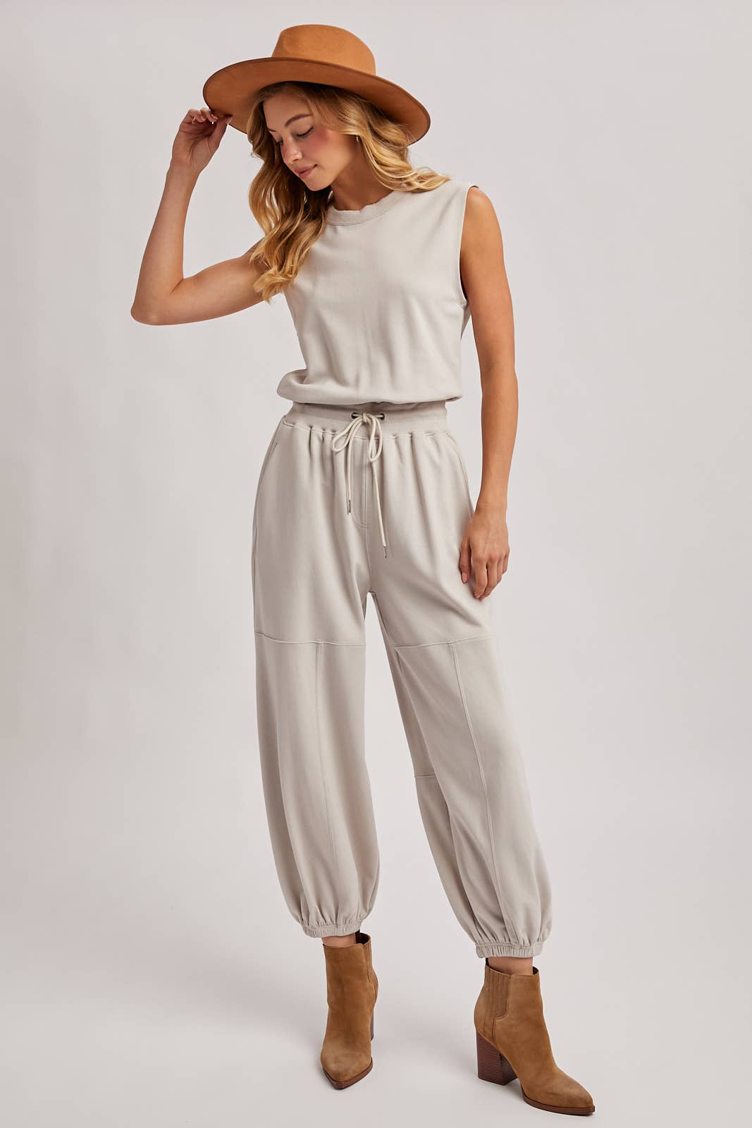The Waverly Knit Drawstring Jumpsuit – Sleeveless Lounge-to-Live Style in Soft Oatmeal