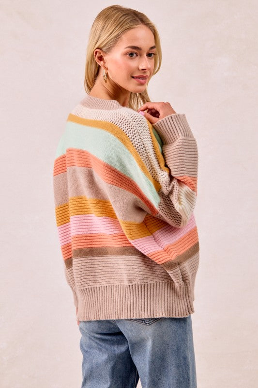 The Mabel Multi Stripe V-Neck Sweater – Pastel Rainbow Knit Pullover