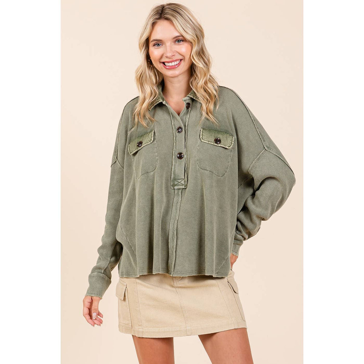 The Rowan Mineral Wash Waffle Knit Top – Olive Green Henley Pullover