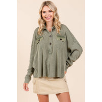 The Rowan Mineral Wash Waffle Knit Top – Olive Green Henley Pullover
