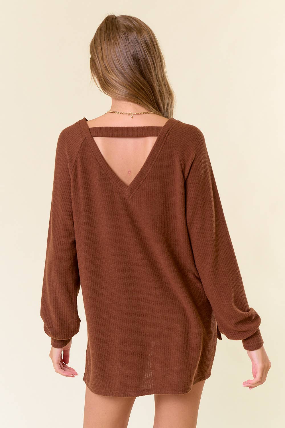 Iris Brushed Rib Double V-Neck Raglan Long Sleeve Sweater Top: Coffee