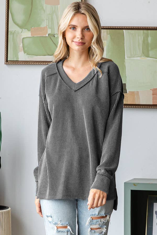 Sadie Ribbed V-Neck Long Sleeve Top – Relaxed Fit Textured Knit