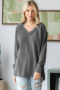 Sadie Ribbed V-Neck Long Sleeve Top – Relaxed Fit Textured Knit