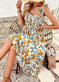 Marigold Meadow Smocked Midi Dress – Floral Tie Shoulder Sundress