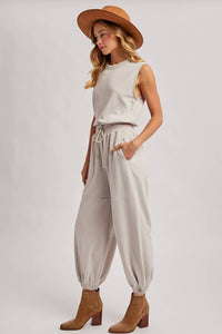 The Waverly Knit Drawstring Jumpsuit – Sleeveless Lounge-to-Live Style in Soft Oatmeal