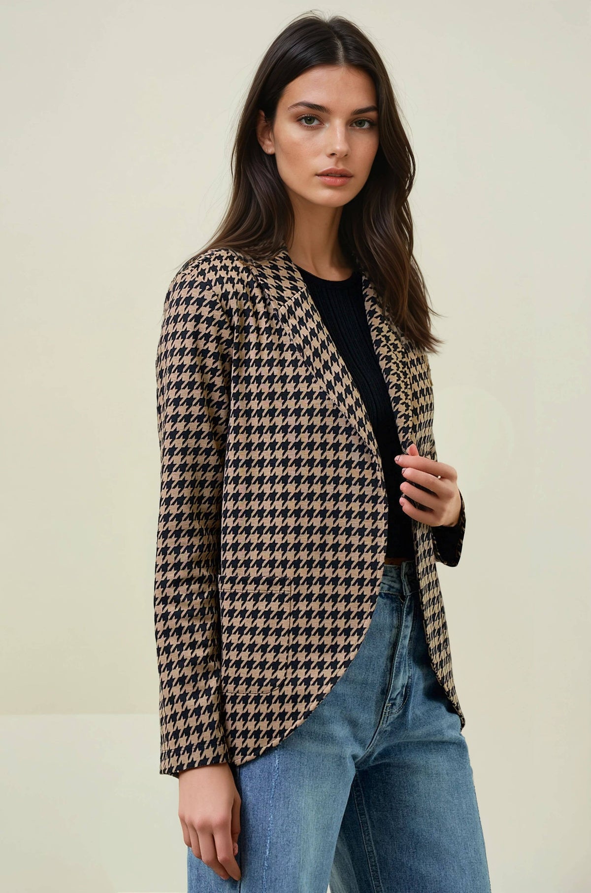 The Marlowe Houndstooth Shawl Collar Blazer – Tan & Black