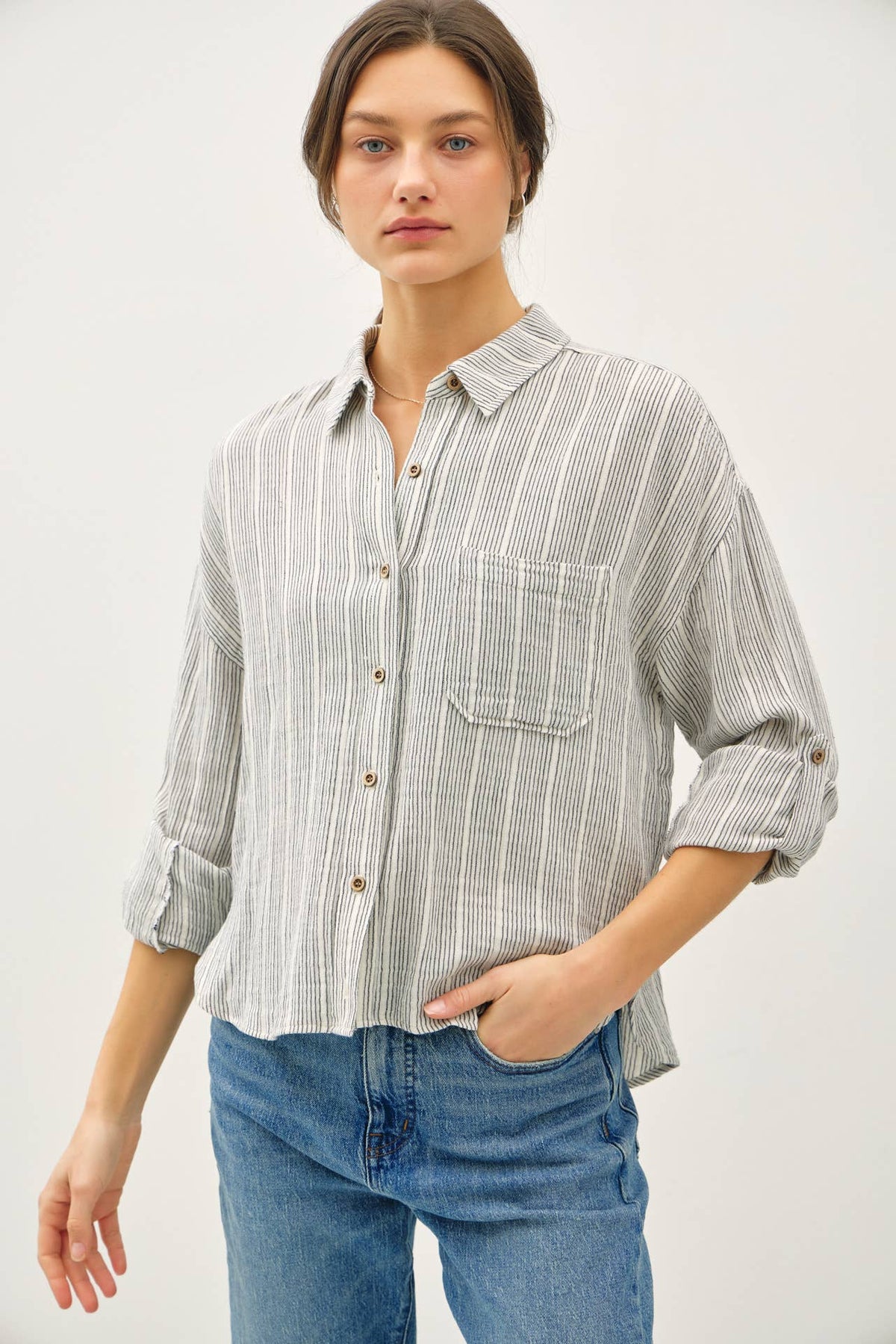 The Dakota Striped Gauze Button-Up Top – Charcoal & Amber