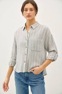 The Dakota Striped Gauze Button-Up Top – Charcoal & Amber