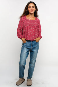 Maisie Smocked Babydoll Floral Blouse – Long Sleeve Raglan Bubble Top