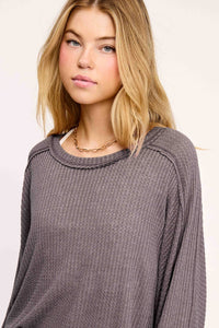 Sadie Brushed Waffle Knit Long Sleeve Top – Berry, Charcoal, Teal