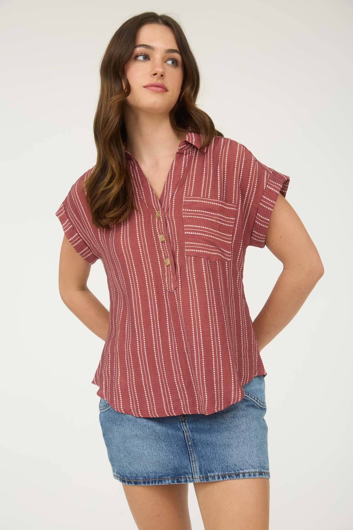 The Presley Striped Button Front Top –Burgundy Collared V-Neck Shirt with Pocket