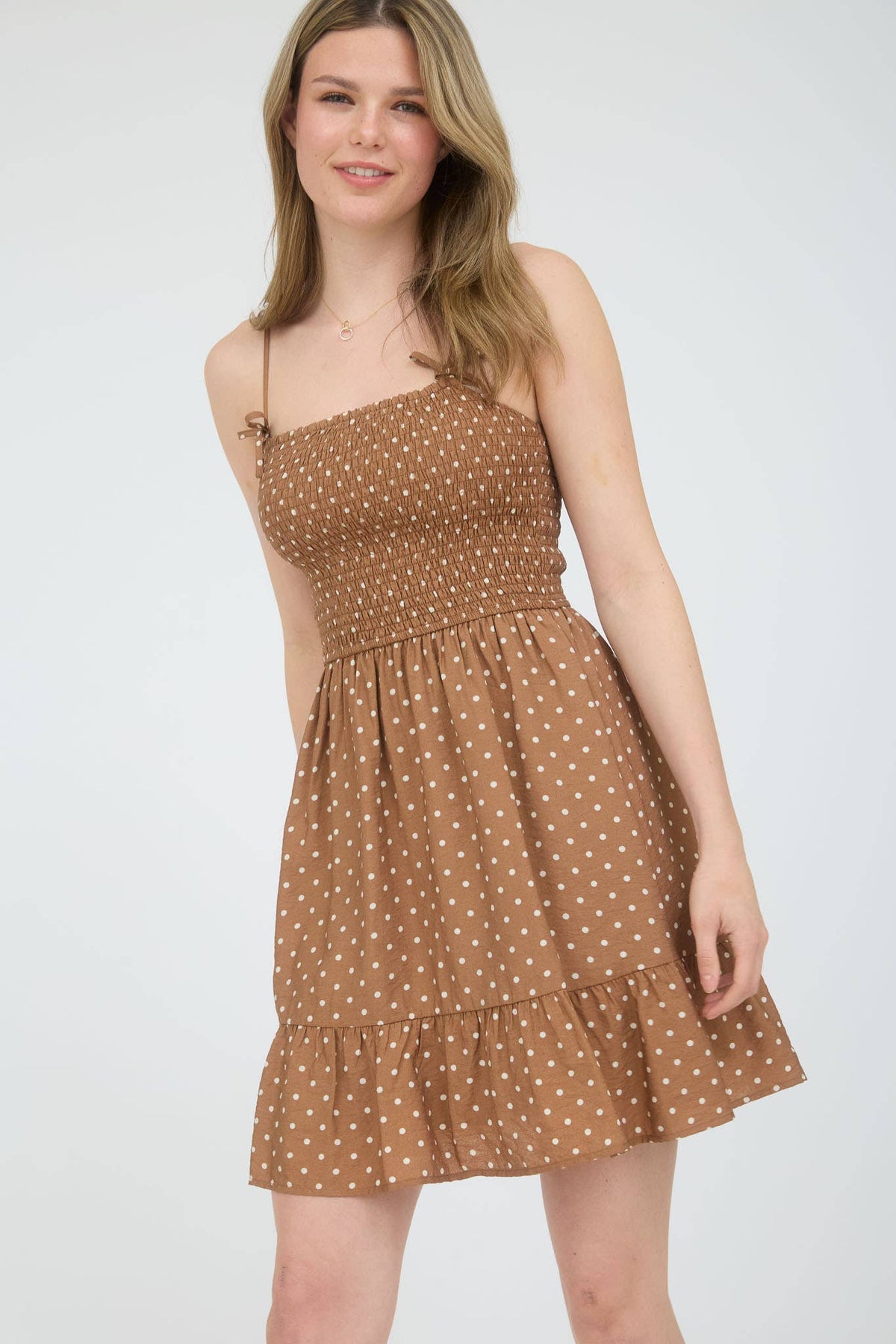June Dotted Smocked Mini Dress – Mocha Polka Dot