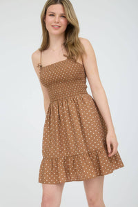 June Dotted Smocked Mini Dress – Mocha Polka Dot