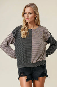The Tessa Two-Tone Stripe Top – Charcoal/Wheat Mix