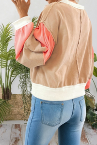 The Maren Colorblock Balloon Sleeve Pullover – Coral & Camel (S–XL)