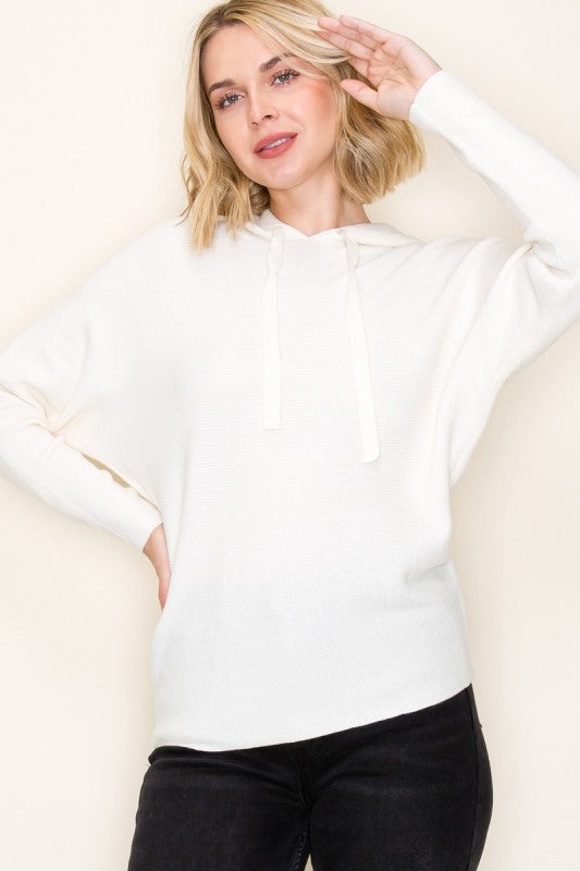 Staccato Mini Waffle Knit Hoodie Sweater – Pullover Dolman Sleeve in Terracotta, Ivory & Sage