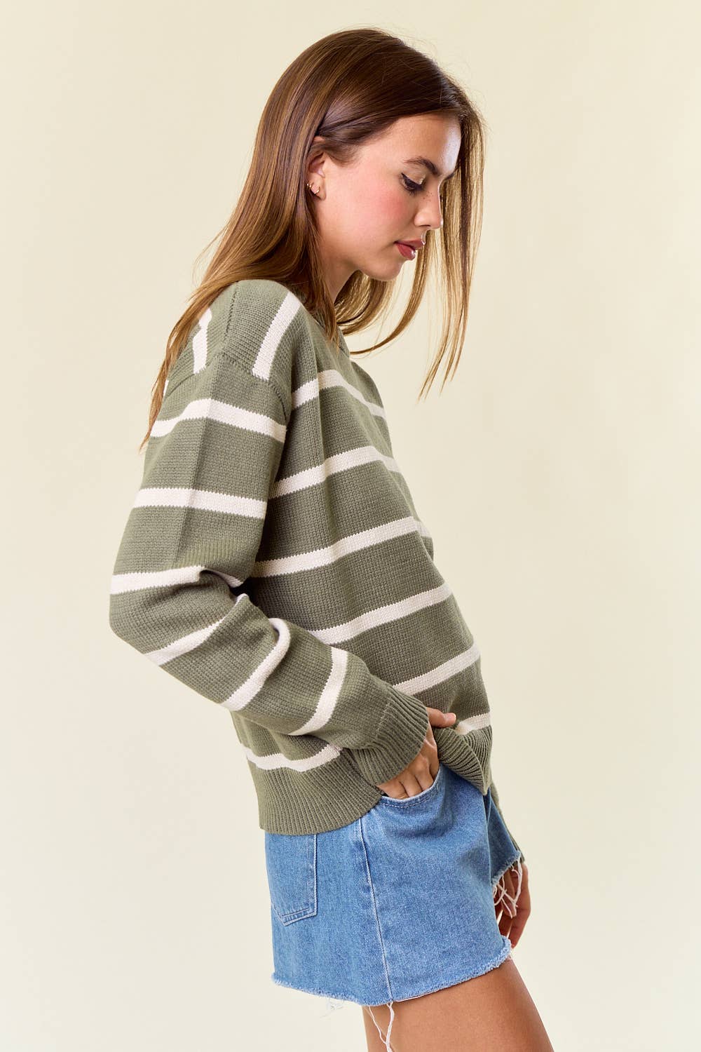 The Hadley Striped Cotton Sweater – Olive & Cream