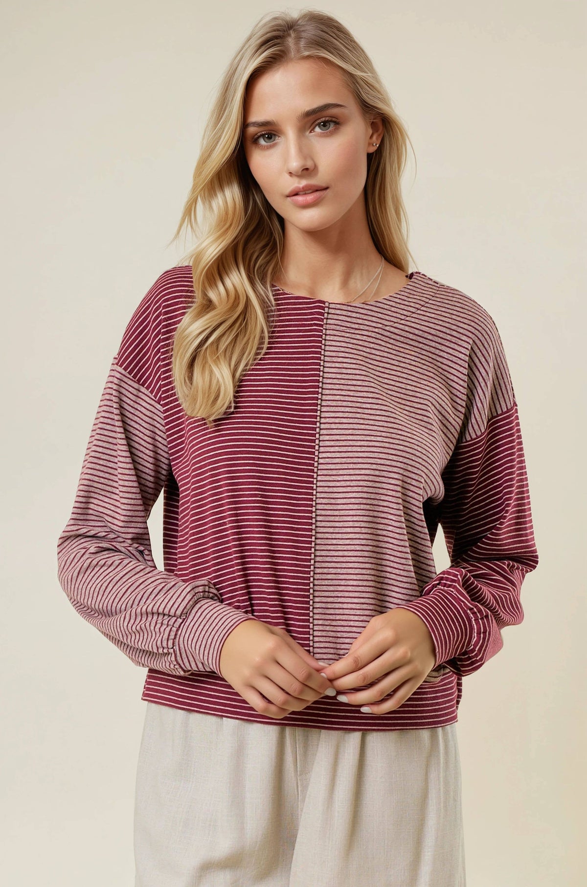 The Tessa Two-Tone Stripe Top – Charcoal/Wheat Mix