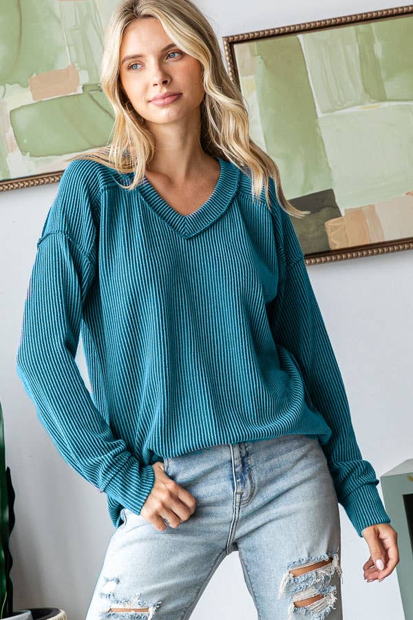 Sadie Ribbed V-Neck Long Sleeve Top – Relaxed Fit Textured Knit
