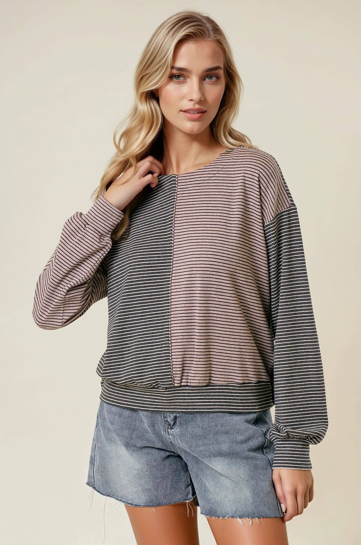 The Tessa Two-Tone Stripe Top – Charcoal/Wheat Mix