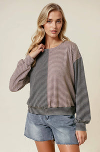 The Tessa Two-Tone Stripe Top – Charcoal/Wheat Mix