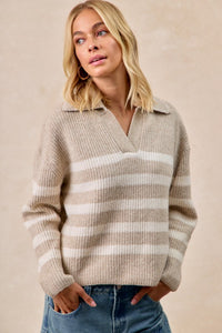 The Laurel Striped Collared Sweater – Taupe & Cream Knit Pullover