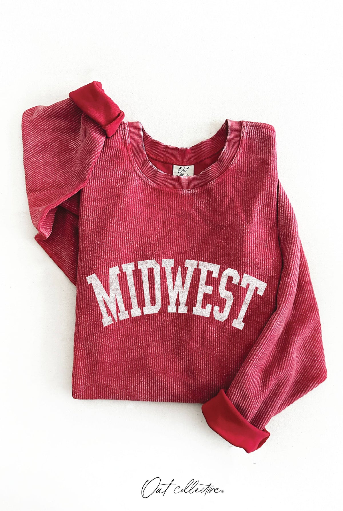 Midwest Thermal Vintage Pullover – Oversized Corded Crewneck Sweatshirt in Mineral Wash Red