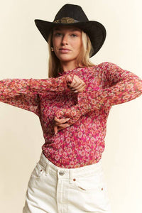 Juniper Mesh Floral Mock Neck Top | Long Sleeve Sheer Layering Blouse