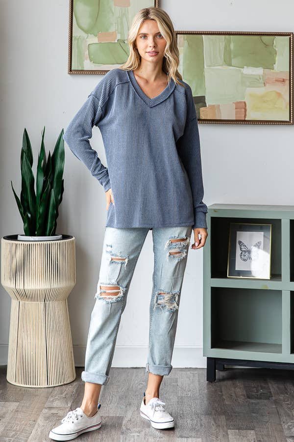 Sadie Ribbed V-Neck Long Sleeve Top – Relaxed Fit Textured Knit