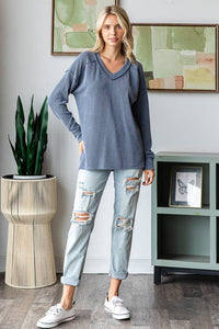 Sadie Ribbed V-Neck Long Sleeve Top – Relaxed Fit Textured Knit