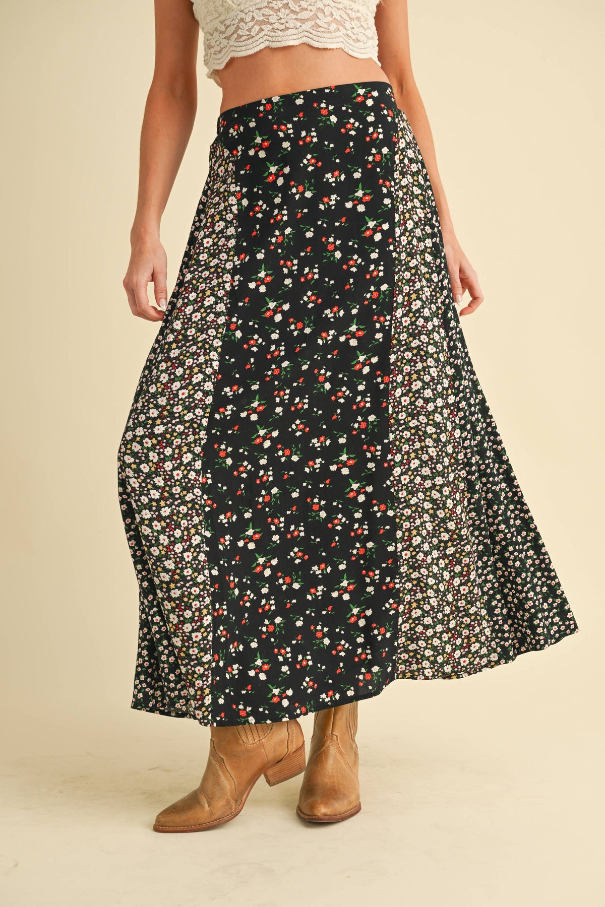 Melanie Floral Patchwork Maxi Skirt – Boho High Waist Flowy Skirt