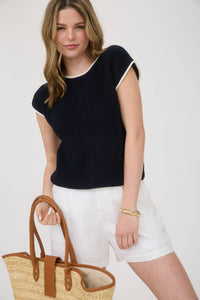 The Marlowe Contrast Trim Sweater Top – Camel Knit Short Sleeve Pullover