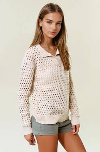 The Lila Open Stitch Polo Sweater – Natural Cream