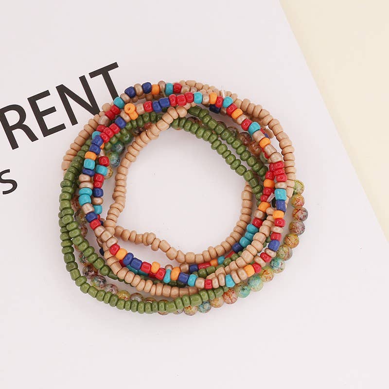 Confetti Beaded Stretch Bracelet Set | Boho Chic Stack in Olive Multi