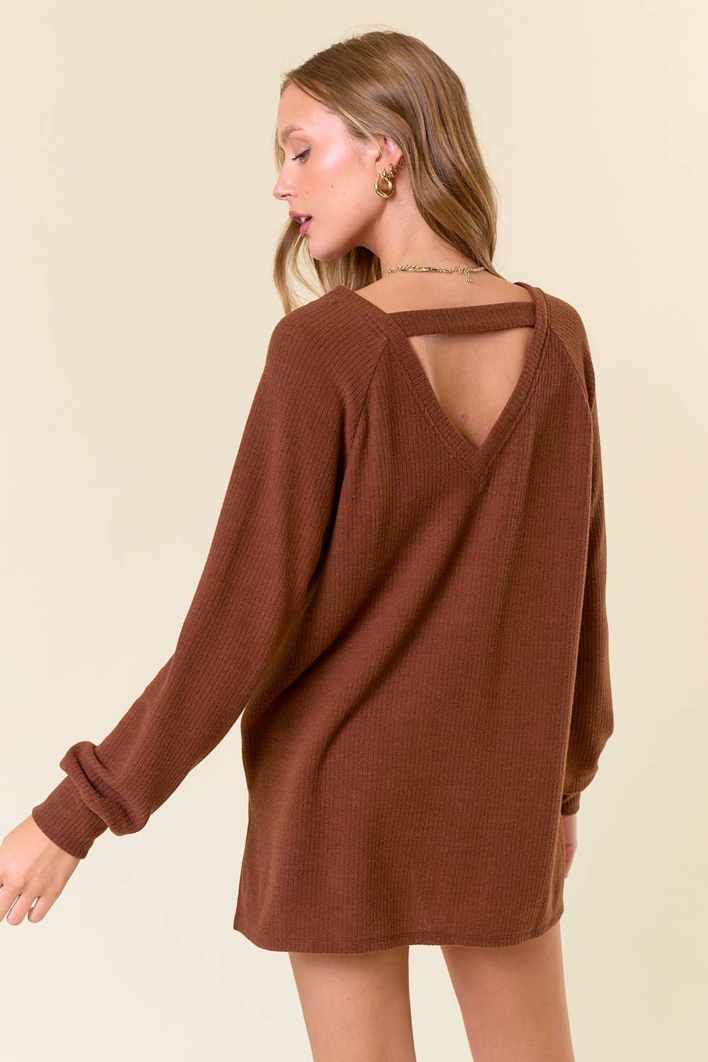 Iris Brushed Rib Double V-Neck Raglan Long Sleeve Sweater Top: Coffee
