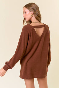 Iris Brushed Rib Double V-Neck Raglan Long Sleeve Sweater Top: Coffee