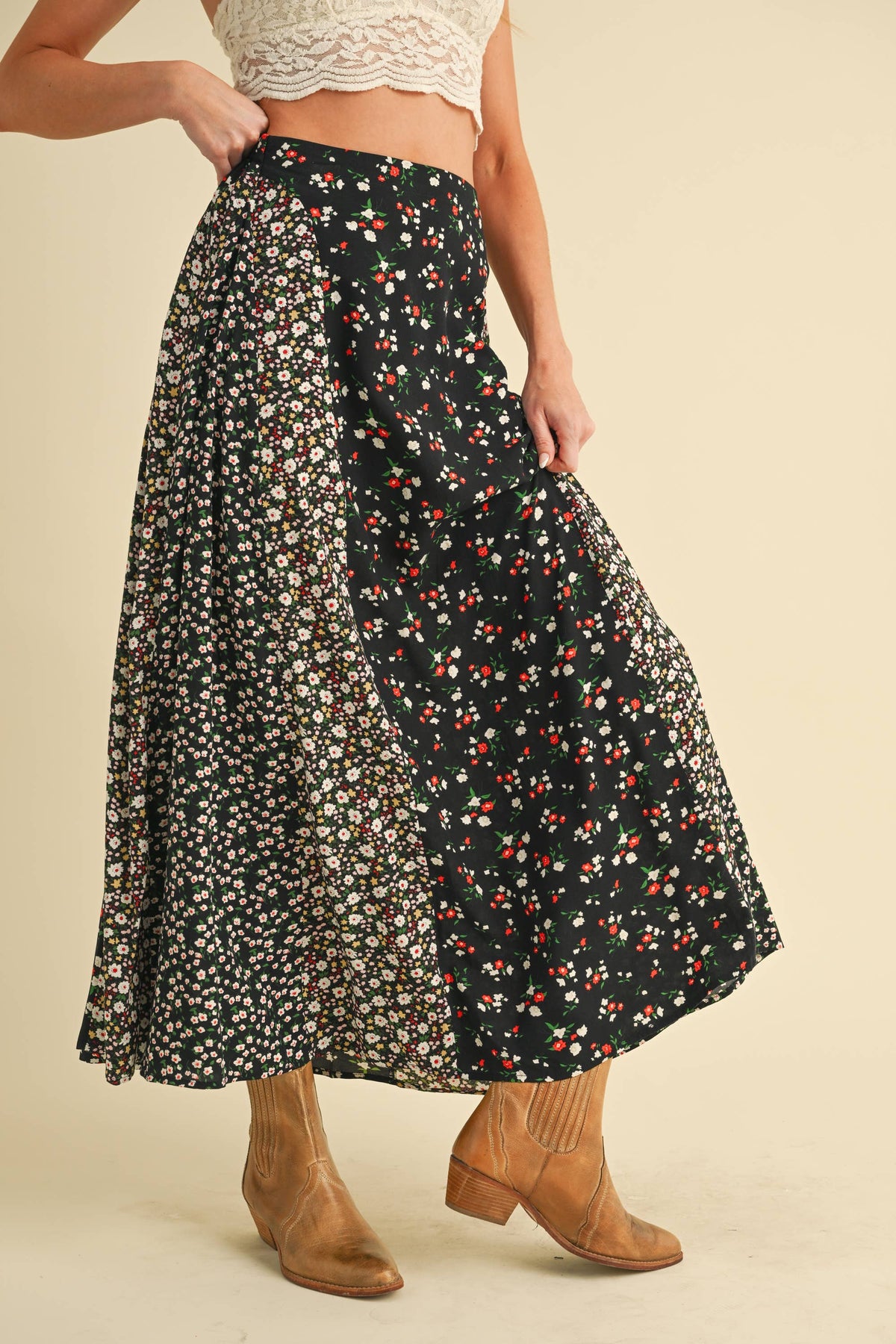 Melanie Floral Patchwork Maxi Skirt – Boho High Waist Flowy Skirt