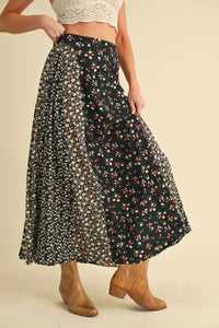 Melanie Floral Patchwork Maxi Skirt – Boho High Waist Flowy Skirt