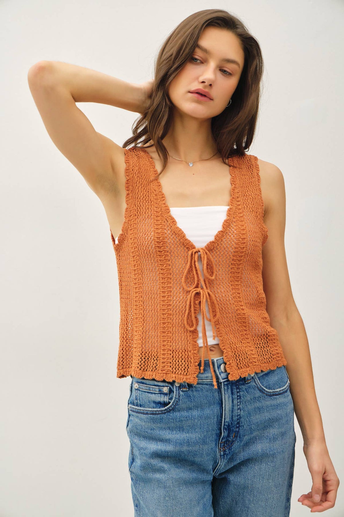 Sunset Dreams Crochet Knit Vest: Apricot | Boho Chic Open-Front Crochet Top with Tie Closure | Women's Layering Piece for Spring & Summe
