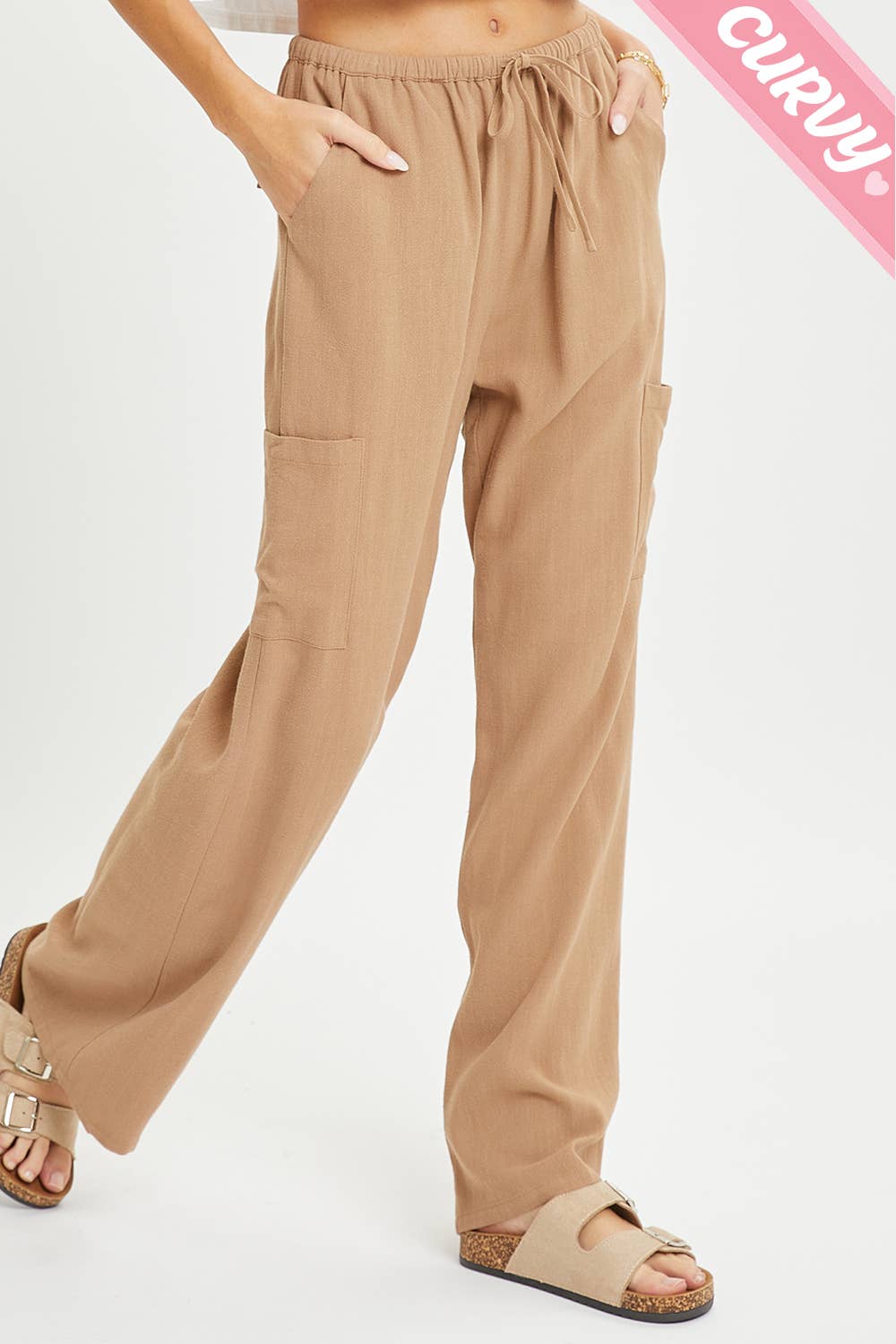 Savannah Plus Size Linen Blend Cargo Pants – Relaxed Pull-On Wide Leg Trousers with Pockets